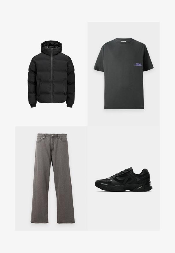 Geacă neagră căptușită cu glugă, având un fermoar frontal, manșete rib knit și o textură netedă. Fără logo-uri sau modele vizibile.; Tricou din bumbac gri închis cu guler rotund. Are o mică imprimare violet pe pieptul stâng care spune "REPLAY". Mâneci scurte, drepte.; Jeans din denim gri, cu croi drept, cu nasture frontal, fermoar și design cu cinci buzunare, pe un fundal alb.; Adidași sport negri cu un superior texturat, accente reflective și talpă cu amortizare. Au șireturi și logo-ul mărcii pe lateral.