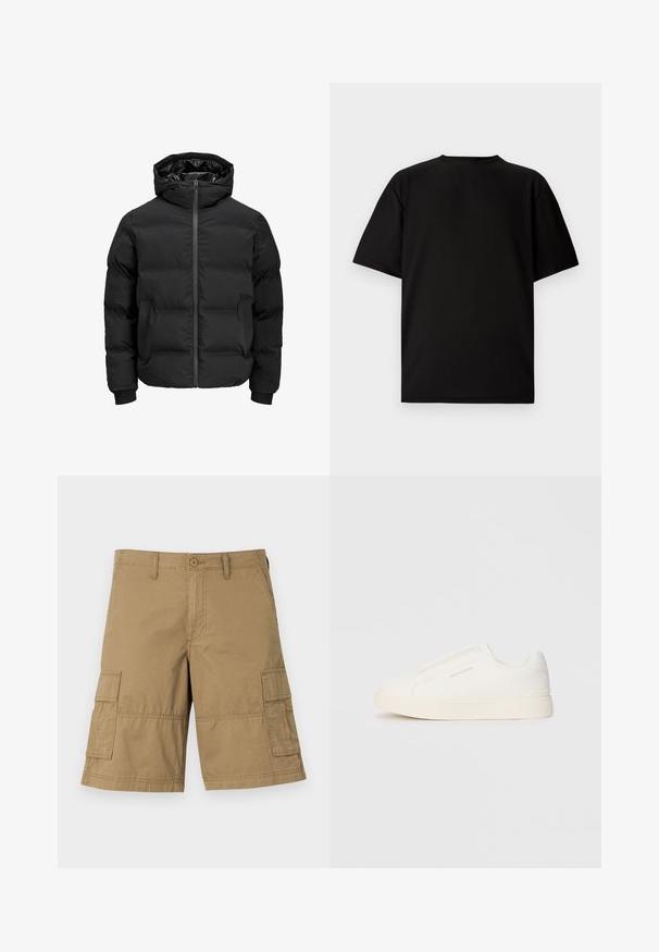 Black padded jacket with a hood, featuring a front zipper closure, ribbed cuffs, and a smooth texture. No visible logos or patterns.; Black short-sleeve T-shirt made from ribbed fabric. Features a round neckline and a relaxed fit with a smooth texture. Back view only.; Cargo shorts in khaki fabric with a straight cut, featuring two side pockets and a button closure at the waist. Smooth texture throughout.; White slip-on sneakers with a textured surface, a thick sole, and minimalistic design. Features brand logo on the side.