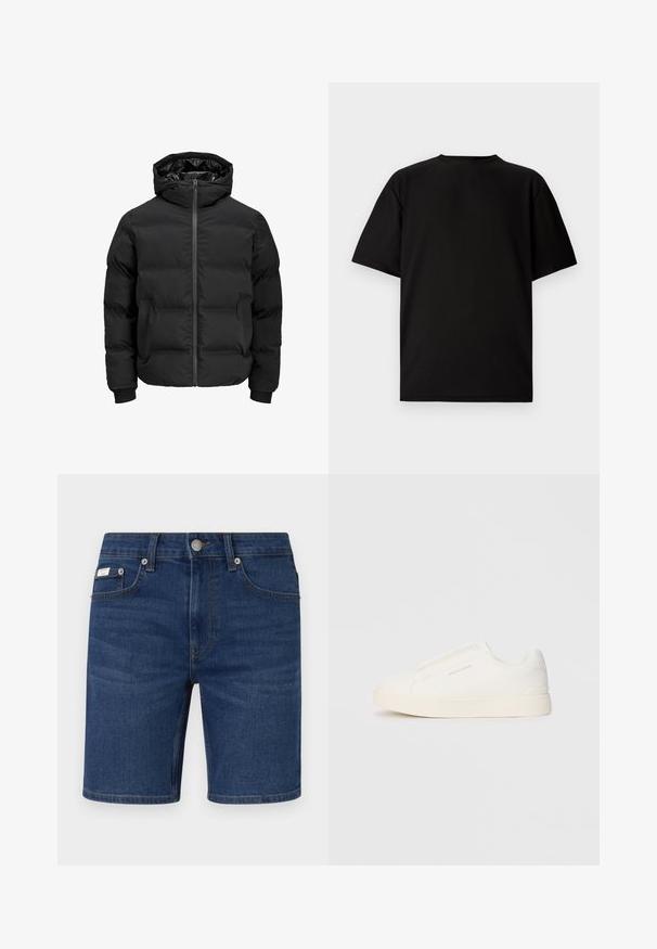 Crna podstava jakna s kapuljačom, koja ima prednje zatvaranje na patentni zatvarač, rebraste manžetne i glatku teksturu. Nema vidljivih logotipa ili uzoraka.; Crni kratki rukav T-shirt izrađen od rebrastog materijala. Ima okruglu izrezanu vratnicu i opušten kroj s glatkom teksturom. Samo stražnji pogled.; Tamno plave traper kratke hlače s klasičnim dizajnom od pet džepova, zatvaranjem na metalni dugme i ravnim rubom. Vidljiv minimalistički detalj brendiranja.; Bijele slip-on tenisice s teksturiranom površinom, debelim đonom i minimalističkim dizajnom. Sadrže logo branda sa strane.