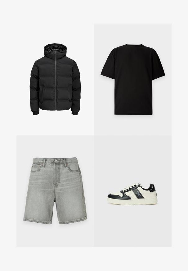 Veste noire rembourrée avec capuche, dotée d'une fermeture éclair sur le devant, de poignets à côtes et d'une texture lisse. Pas de logos ou de motifs visibles.; T-shirt noir à manches courtes en tissu côtelé. Présente un col rond et une coupe décontractée avec une texture lisse. Vue arrière uniquement.; Shorts en denim gris avec une coupe classique, comprenant une fermeture à bouton, des poches avant et un ourlet brut. Décoloration subtile sur le tissu.; Baskets en cuir avec un schéma de couleurs noir et crème, dotées d'accents perforés, d'un col rembourré et d'une semelle texturée.