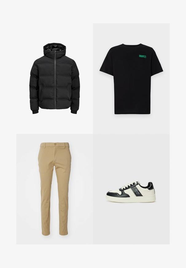 Geacă neagră căptușită cu glugă, având un fermoar frontal, manșete rib knit și o textură netedă. Fără logo-uri sau modele vizibile.; Tricou negru din bumbac, cu mâneci scurte. Prezintă un logo verde "ROOTS" pe față, guler rotund și o potrivire standard.; Pantaloni kaki din bumbac ușor, cu un design slim-fit, textură netedă și talie standard cu închidere prin buton superior.; Tenisi din piele cu un scheme de culori negru și crem, dotati cu accente perforate, guler căptușit și o talpă texturată.