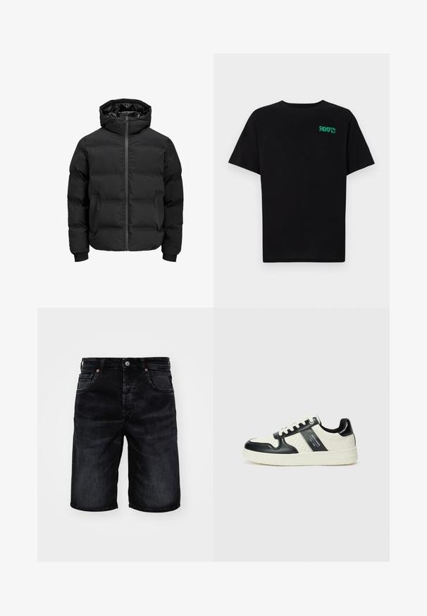 Svart polstret jakke med hette, med glidelås foran, ribbestrikkede mansjetter og en jevn tekstur. Ingen synlige logoer eller mønstre.; svart t-skjorte laget av bomull med korte ermer. Har et grønt "ROOTS"-logo på forsiden, rund halsutringning og standard passform.; Svarte denimshorts med rett skår, fem lommer og detaljer i kobberfarge. Jevn tekstur, vist mot en hvit bakgrunn.; Lædersneakers med sort og creme farveskema, der har perforerede detaljer, en polstret krave og en struktureret ydersål.