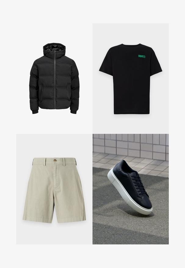 Black padded jacket with a hood, featuring a front zipper closure, ribbed cuffs, and a smooth texture. No visible logos or patterns.; Black t-shirt made of cotton with short sleeves. Features a green "ROOTS" logo on the front, round neckline, and standard fit.; Light beige shorts with a flat front, single metal button closure, and belt loops. Made from a soft cotton blend with a tailored fit.; Black leather sneaker with rounded toe and white rubber sole. Features flat laces and minimal stitching on the upper. Textured sole for grip.