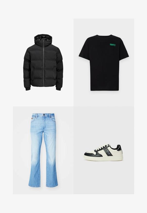 Musta polsterdatud jakk kapuutsiga, millel on ees lukk, soonikkoes varrukad ja sile tekstuur. Nähtavaid logosid või mustreid pole.; Must t-särk, mis on valmistatud puuvillast, lühikeste varrukatega. Esipaneelil on roheline "ROOTS" logo, ümmargune kaelus ja tavapärane lõige.; Heledad sinised flared teksad, mis on valmistatud denimist, omavad kahvatu välimust, viit taskut ning nööbiga sulgemist.; Nahatud nahkkingad musta ja kreemi värviskeemiga, millel on perforeeritud aktsendid, pehme krae ja tekstureeritud tallad.