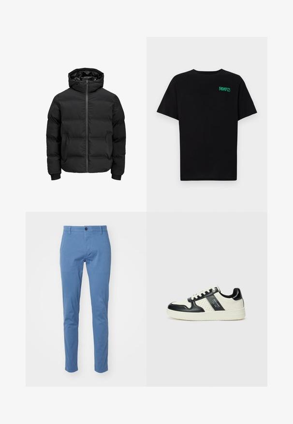 Melna siltināta jaka ar kapuci, ar priekšējo rāvējslēdzēju, ribotu aproču un gludu tekstūru. Nav redzamu logo vai rakstu.; Melna kokvilnas t-kreka ar īsām piedurknēm. Uz priekšu ir zaļa "ROOTS" logo, apaļa kakla izgriezums un standarta piegriezums.; DOCKERS SMART SUPREME FLEX SKINNY - Chinos tipa bikses - bluefin; Ādas sporta apavi ar melnbaltu krāsu shēmu, ar perforētiem akcentiem, mīkstinātu apkakli un teksturētu zoli.