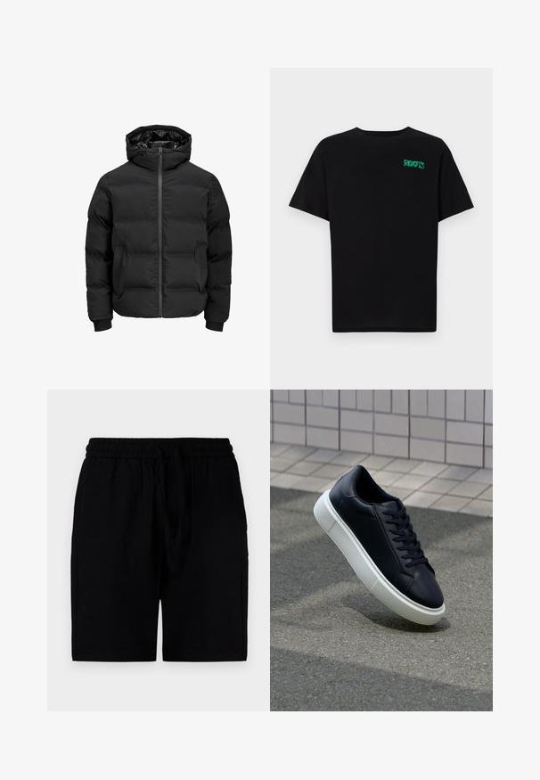 Svart vadderad jacka med huva, med dragkedja fram, ribbade muddar och en slät yta. Inga synliga logotyper eller mönster.; Svart t-shirt i bomull med korta ärmar. Har en grön "ROOTS" logotyp på framsidan, rund halsringning och standard passform.; Svarta shorts i lätt material, med elastisk midja och snörning, fickor på sidorna och en avslappnad passform.; Svart lädersneaker med rundad tå och vit gummisula. Har platta snören och minimal sömnad på ovansidan. Texturerad sula för grepp.