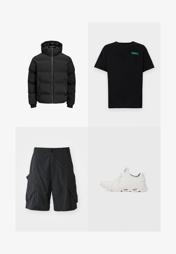 Giacca imbottita nera con cappuccio, dotata di chiusura frontale con zip, polsini a coste e una texture liscia. Senza loghi o fantasie visibili.; T-shirt nera in cotone con maniche corte. Presenta un logo verde "ROOTS" sulla parte frontale, colletto rotondo e vestibilità standard.; Pantaloni cargo neri realizzati in materiale leggero, con superficie testurizzata, chiusura con bottone e numerose tasche laterali.; Scarpe atletiche bianche con tomaia in maglia testurizzata, lacci piatti e una suola ammortizzata con camere d'aria visibili per un supporto aggiuntivo.