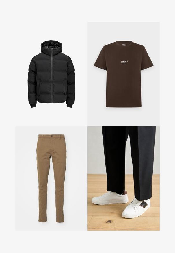 Czarna ocieplana kurtka z kapturem, z przodem zapinanym na zamek błyskawiczny, ściągaczami przy mankietach oraz gładką fakturą. Brak widocznych logotypów lub wzorów.; Brązowa bawełniana koszulka z krótkim rękawem, okrągłym dekoltem i małym białym logo na piersi. Gładka tekstura i regularny krój.; DOCKERS SKINNY brązowy; Białe trampki o gładkiej fakturze, z brązowymi skórzanymi akcentami i czarnymi detalami, zestawione z czarnymi eleganckimi spodniami. Tło stanowi drewniana podłoga.