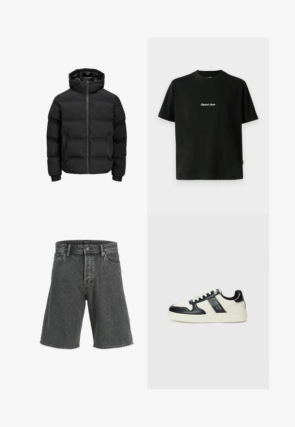 Mustat pehmeät takki, jossa on huppu, etuvetoketjukiinnitys, ribbireunat ja sileä pinta. Ei näkyviä logoja tai kuvioita.; Musta puuvillainen t-paita lyhyillä hihoilla, jossa on valkoinen brodeerattu "Original Studio" -teksti rinnan kohdalla ja pyöreä pääntie.; Mustat farkkushortsit rennolla istuvuudella, joissa on nappikiinnitys, kaksi etutaskua ja hillitty haalistunut kuvio. Klassinen viiden taskun muotoilu.; Nahkakengät musta-kerma värimaailmassa, joissa on rei'itetyt yksityiskohdat, pehmustettu nilkkaosa ja teksturoitu pohja.