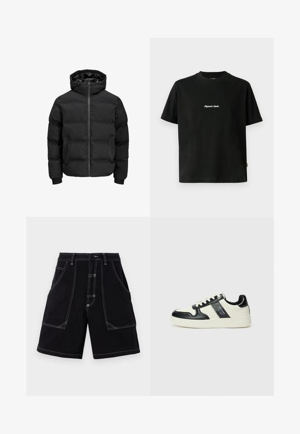 Juoda paminta striukė su gobtuvu, su priekiniais užtrauktukais, raštuotais rankogaliais ir lygia tekstūra. Nėra matomų logotipų ar raštų.; Juodas medvilninis marškinėliai su trumpomis rankovėmis, su baltais siuvinėjimais "Original Studio" tekstu per krūtinę ir apvaliu kaklu.; Juodi cargo šortai su baltais kontrastingais siūlais, daugybe kišenių ir tiesiu kirpimu. Pagaminti iš tvirto audinio, lygaus paviršiaus.; Odiniai sportbačiai juodos ir kreminės spalvų schemoje, su perforuotais akcentais, paminkštinta apykakle ir tekstūruotu padu.