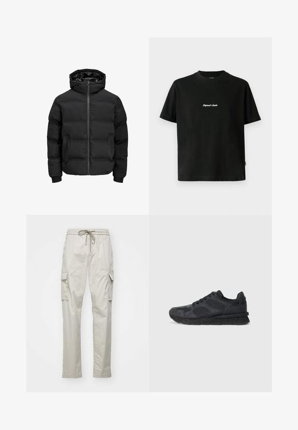 Black padded jacket with a hood, featuring a front zipper closure, ribbed cuffs, and a smooth texture. No visible logos or patterns.; Black cotton T-shirt with short sleeves, featuring a white embroidered "Original Studio" text across the chest and a rounded neckline.; Light beige cargo pants with an elastic waistband, drawstring, and two side cargo pockets. Made from a lightweight, smooth fabric.; Replay ARTHUR ATOM - Trainers - black