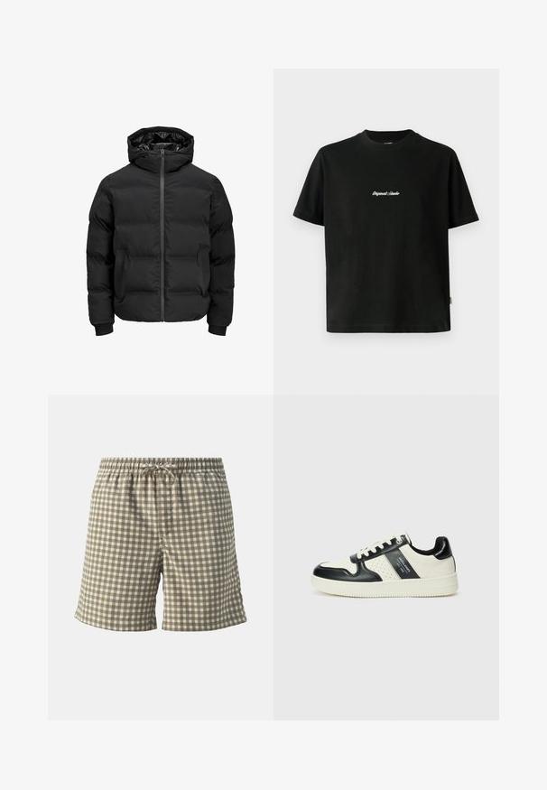 Black padded jacket with a hood, featuring a front zipper closure, ribbed cuffs, and a smooth texture. No visible logos or patterns.; Black cotton T-shirt with short sleeves, featuring a white embroidered "Original Studio" text across the chest and a rounded neckline.; Jack & Jones JPSTJAIDEN JJJACQUARD - Shorts - cloud dancer; Leather sneakers with a black and cream color scheme, featuring perforated accents, a padded collar, and a textured outsole.