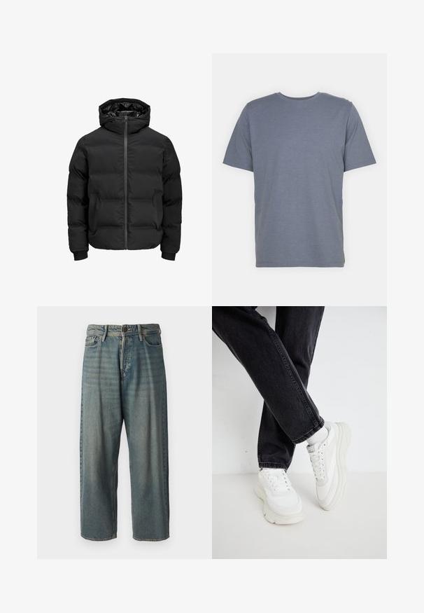 Black padded jacket with a hood, featuring a front zipper closure, ribbed cuffs, and a smooth texture. No visible logos or patterns.; Gray short-sleeve T-shirt with a round neck, made of soft cotton blend fabric. Simple design, no patterns or accents.; Light blue denim jeans with a loose fit, mid-rise waist, and straight legs. Features five pockets, belt loops, and a button closure.; White sneakers with a chunky sole, textured upper, and multiple lace holes, paired with black denim jeans, displayed against a neutral background.