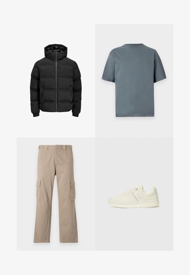 Fekete steppelt dzseki kapucnival, elülső cipzárral, bordázott ujjaival és sima textúrájával. Nincsenek látható logók vagy minták.; Szürke pamut póló rövid ujjakkal, kerek nyakkivágással és laza szabással. Simaszerű textúra, minimális dizájn, és nincsenek látható minták vagy fém alkatrészek.; Beige vászon cargo nadrág, egyenes lábformával, két oldalsó cargo zsebbel és gombos derékzárral.; Krém színű sneaker perforált részletekkel, fűzőkkel és logóval az oldalán, egy sima fehér háttér előtt kiállítva.