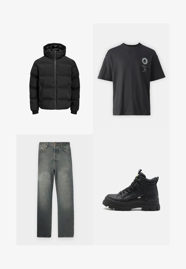 Musta polsterdatud jakk kapuutsiga, millel on ees lukk, soonikkoes varrukad ja sile tekstuur. Nähtavaid logosid või mustreid pole.; Must musta T-särk lühikeste varrukatega, ümar kaelus ning esiküljel päikese ja kuu graafika, millele on lisatud tekst "Le Soleil et La Lune."; Jack & Jones JJIALEX JJCOOPER - Baggy fit teksad - black denim; Mustkunst tähtedega mustad kõrged jalanõud, mis on valmistatud tekstureeritud nahast, pakuvad paksu kummitalda, nööridega esiosa ja väikese logo detaili külgedel.