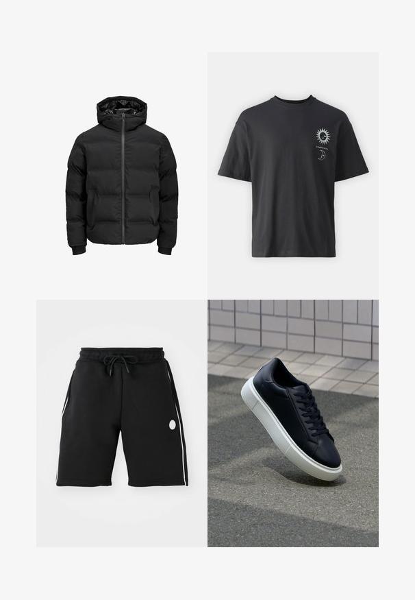 Czarna ocieplana kurtka z kapturem, z przodem zapinanym na zamek błyskawiczny, ściągaczami przy mankietach oraz gładką fakturą. Brak widocznych logotypów lub wzorów.; Czarny bawełniany t-shirt z krótkim rękawem, okrągłym dekoltem i grafiką słońca i księżyca z napisem "Le Soleil et La Lune."; Czarne szorty dresowe z elastycznym paskiem w talii i regulowanym sznurkiem. Posiadają białe paski po bokach oraz okrągły akcent z logo.; Czarne skórzane sneakersy z okrągłym noskiem i białą gumową podeszwą. Posiadają płaskie sznurowadła i minimalne przeszycia na cholewce. Teksturowana podeszwa zapewnia przyczepność.