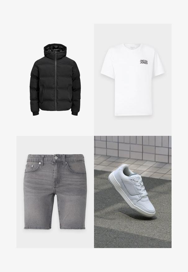 Svart polstret jakke med hette, med glidelås foran, ribbestrikkede mansjetter og en jevn tekstur. Ingen synlige logoer eller mønstre.; Hvit bomull T-skjorte, korte ermer, rund hals. Har svart tekstlogo "JACK & JONES" på venstre brystområde. Enkel, ensfarget design.; Grå denimshorts med fem lommer, glidelås, sølvfarget detaljer og en lett falmet tekstur. Kanten er klippet over kneet.; Hvite lær sneakers med perforerte sider, teksturerte detaljer, flate lisser og en kontrasterende grå hæl. Har en lite hevet såle.