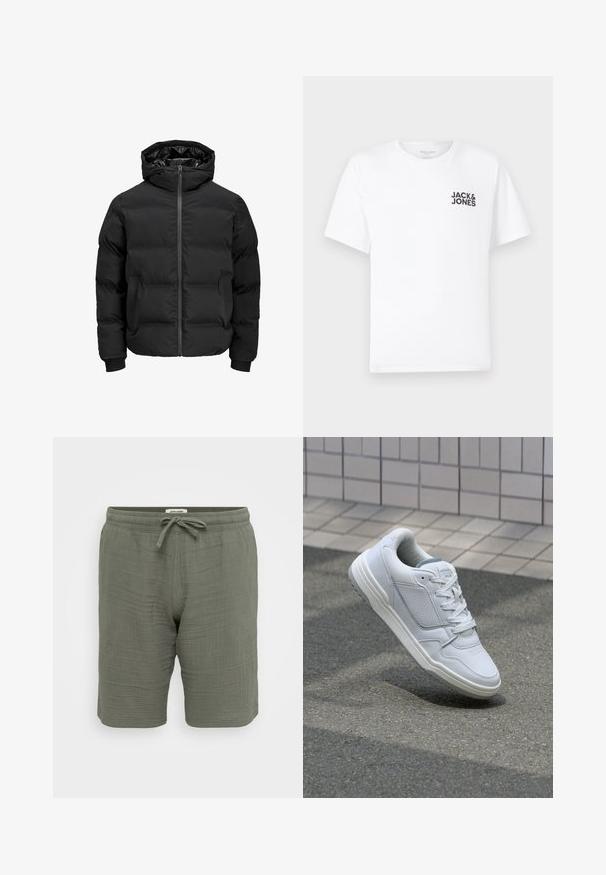 Čierna vypchatá bunda s kapucňou, s predným zipsom, patentnými manžetami a hladkým povrchom. Žiadne viditeľné logá ani vzory.; Biely bavlnený tričko, krátke rukávy, klasický výstrih. Obsahuje čierny textový logotyp "JACK & JONES" na ľavej strane hrudníka. Jednoduchý, hladký dizajn.; Ľahké olivovo zelené šortky vyrobené z textúrovanej tkaniny. Obsahujú elastický pás so šnúrkou, bočné vrecká a voľný strih.; Biele kožené tenisky s perforovanými stranami, textúrovanými akcentmi, plochými šnúrkami a kontrastnou sivou pätou. Majú mierne zvýšenú podrážku.