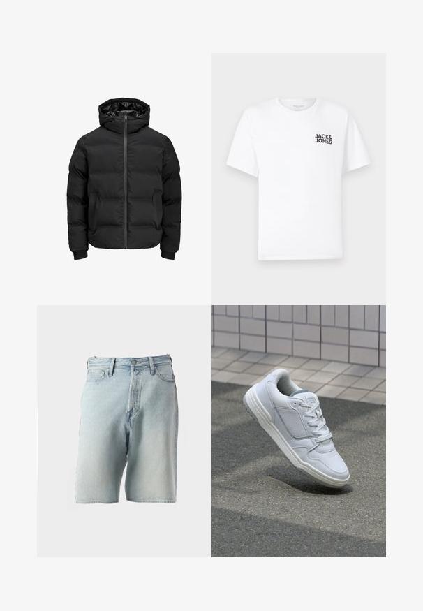 Svart polstret jakke med hette, med glidelås foran, ribbestrikkede mansjetter og en jevn tekstur. Ingen synlige logoer eller mønstre.; Hvit bomull T-skjorte, korte ermer, rund hals. Har svart tekstlogo "JACK & JONES" på venstre brystområde. Enkel, ensfarget design.; Lyseblå denimshorts med høy midje, fem lommer og knapplukking. Stoffet har en lett slitt tekstur og falmet utseende.; Hvite lær sneakers med perforerte sider, teksturerte detaljer, flate lisser og en kontrasterende grå hæl. Har en lite hevet såle.