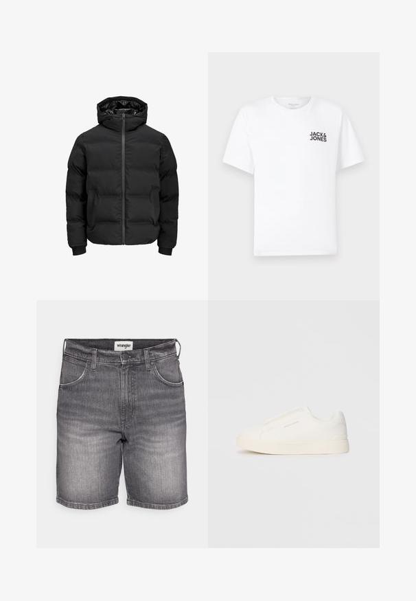 Svart polstret jakke med hette, med glidelås foran, ribbestrikkede mansjetter og en jevn tekstur. Ingen synlige logoer eller mønstre.; Hvit bomull T-skjorte, korte ermer, rund hals. Har svart tekstlogo "JACK & JONES" på venstre brystområde. Enkel, ensfarget design.; Grå denimshorts med klassisk snitt, som har en svak falming, fem lommer og et Wrangler-logo på linningen.; Hvite slip-on joggesko med teksturert overflate, tykk såle og minimalistisk design. Har merkevarelogo på siden.