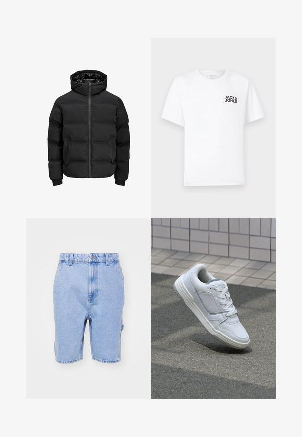 Svart polstret jakke med hette, med glidelås foran, ribbestrikkede mansjetter og en jevn tekstur. Ingen synlige logoer eller mønstre.; Hvit bomull T-skjorte, korte ermer, rund hals. Har svart tekstlogo "JACK & JONES" på venstre brystområde. Enkel, ensfarget design.; Lyseblå denimshorts med vanlig passform, beltehemper i midjen, frontlommer og subtile falming detaljer.; Hvite lær sneakers med perforerte sider, teksturerte detaljer, flate lisser og en kontrasterende grå hæl. Har en lite hevet såle.