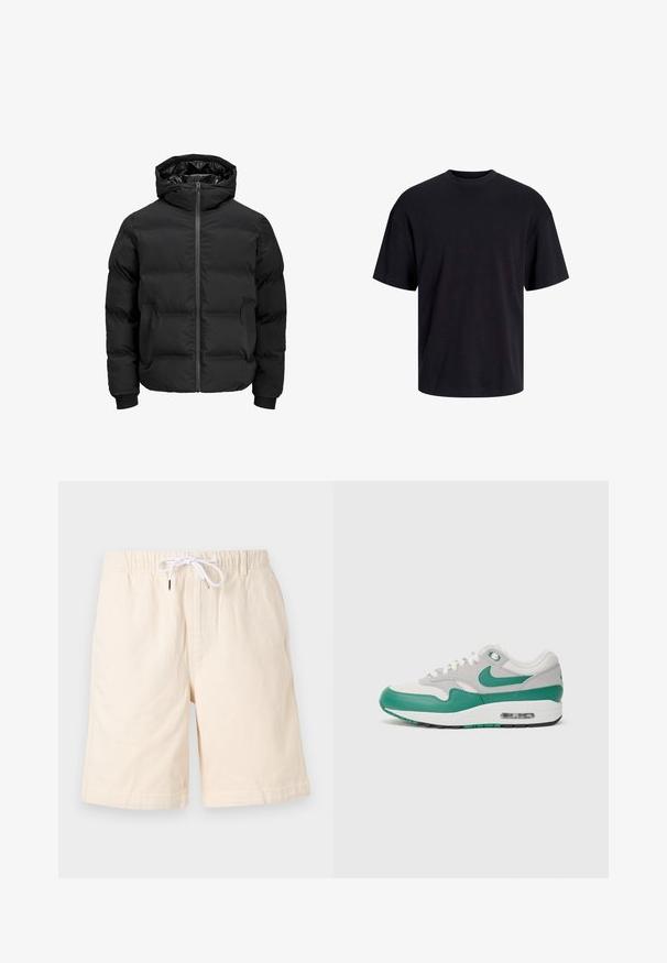 Fekete steppelt dzseki kapucnival, elülső cipzárral, bordázott ujjaival és sima textúrájával. Nincsenek látható logók vagy minták.; Fekete pamut póló, kerek nyakkivágással, rövid ujjú és laza fazonú. Simább anyagú, látható minták vagy díszítések nélkül.; Beige színű pamut rövidnadrág, amely laza szabású, rugalmas derékrésszel és fehér zsinórral rendelkezik. Oldalsó zsebekkel és sima textúrával rendelkezik.; Nike Air Max 1 különleges sportcipő, szürke hálós felsőrésszel, zöld bőr részletekkel, fehér fűzőkkel és látható légpárnával a talpban.