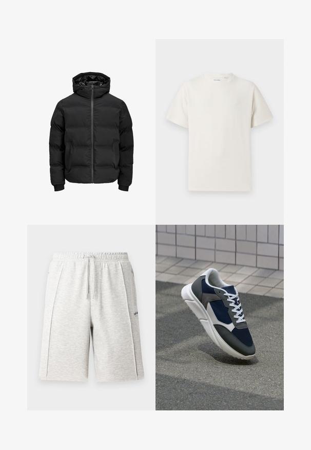 Veste noire rembourrée avec capuche, dotée d'une fermeture éclair sur le devant, de poignets à côtes et d'une texture lisse. Pas de logos ou de motifs visibles.; T-shirt blanc à manches courtes en texture côtelée. Encolure ronde, coupe décontractée, sans motifs ni accents visibles. Design simple et polyvalent.; Shorts gris clair, mi-longs, en matériau doux, dotés d'une taille élastique avec cordon de serrage et de poches latérales. Détail logo discret.; Baskets avec une tige en mesh bleu marine, des accents en suède gris, une semelle en caoutchouc blanc et des lacets plats blancs, conçues pour le confort et la respirabilité.