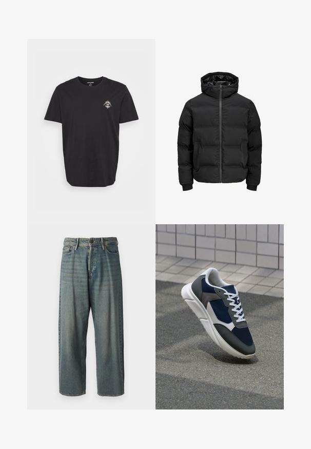 Musta polsterdatud jakk kapuutsiga, millel on ees lukk, soonikkoes varrukad ja sile tekstuur. Nähtavaid logosid või mustreid pole.; Must hetked teeme valge ringikujulise kaelusega mustast puuvillast T-särgist. Vasakul rinnal on väike valge päikese ja silma graafika. Lühikesed varrukad, tavaline istuvus.; Heledad sinine denim-stiilis teksad, volüümse lõike, keskmise kõrgusega talje ja sirgete säärega. Omab viit taskut, vöökumme ja nööpide sulgemist.; Sneaker, mille sinine võrkkangas, hallid nubukdetailid, valge kummitald ja lamedad valged paelad, disainitud mugavuseks ja hingavuseks.