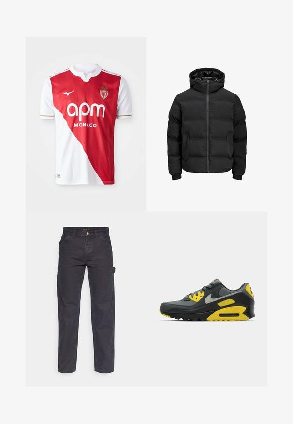Czarna ocieplana kurtka z kapturem, z przodem zapinanym na zamek błyskawiczny, ściągaczami przy mankietach oraz gładką fakturą. Brak widocznych logotypów lub wzorów.; Czerwono-biała koszulka piłkarska z krótkim rękawem, z diagonalnym podziałem kolorów, złotymi akcentami, logo marki i herbem. Lekki, oddychający materiał.; Ciemnoszare spodnie cargo wykonane z trwałej tkaniny, z prostymi nogawkami, pięcioma kieszeniami i zapięciem na guzik w talii.; Szare i żółte sneakersy Nike Air Max 90 zaprezentowane na białym tle, podkreślające ich design i kontrasty kolorystyczne.