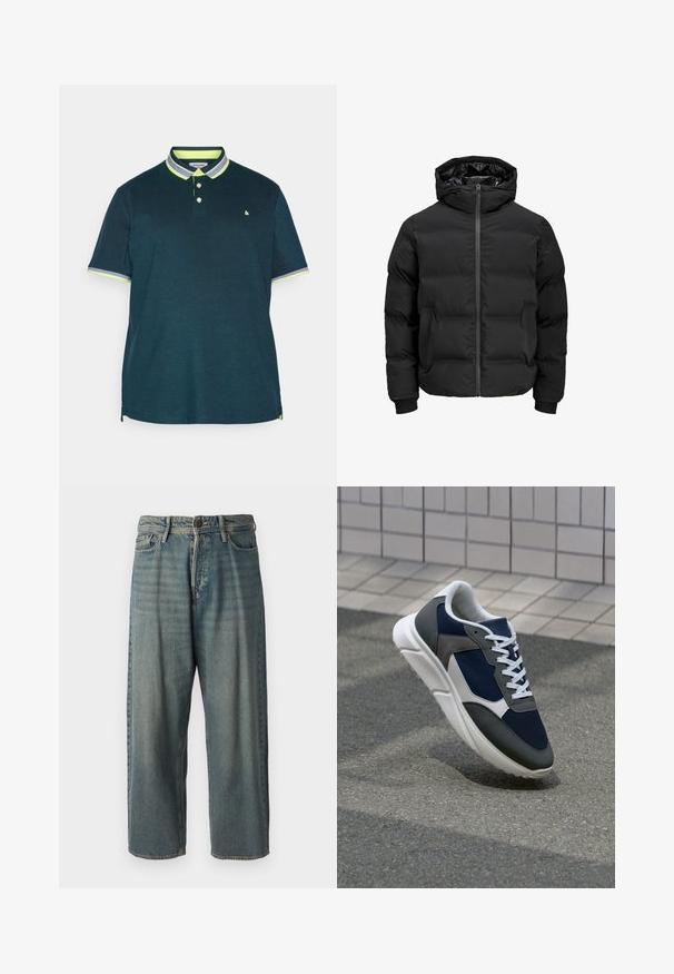 Mustat pehmeät takki, jossa on huppu, etuvetoketjukiinnitys, ribbireunat ja sileä pinta. Ei näkyviä logoja tai kuvioita.; Tummansininen polo-paita, jossa on kaksinappinen kaulus. Sisältää erottuvan neonvihreän kauluksen ja hihan yksityiskohtia. Pehmeä kangas perinteisellä istuvuudella.; Vaaleansiniset farkut, joissa on väljä istuvuus, keskikorkea vyötärö ja suorat lahkeet. Ominaisuuksiin kuuluvat viisi taskua, vyölenkit ja nappisulku.; Kengät, joissa on tummansininen verkkopäällinen, harmaat mokka-yksityiskohdat, valkoinen kumipohja ja litteät valkoiset nauhat, suunniteltu mukavuutta ja hengittävyyttä varten.