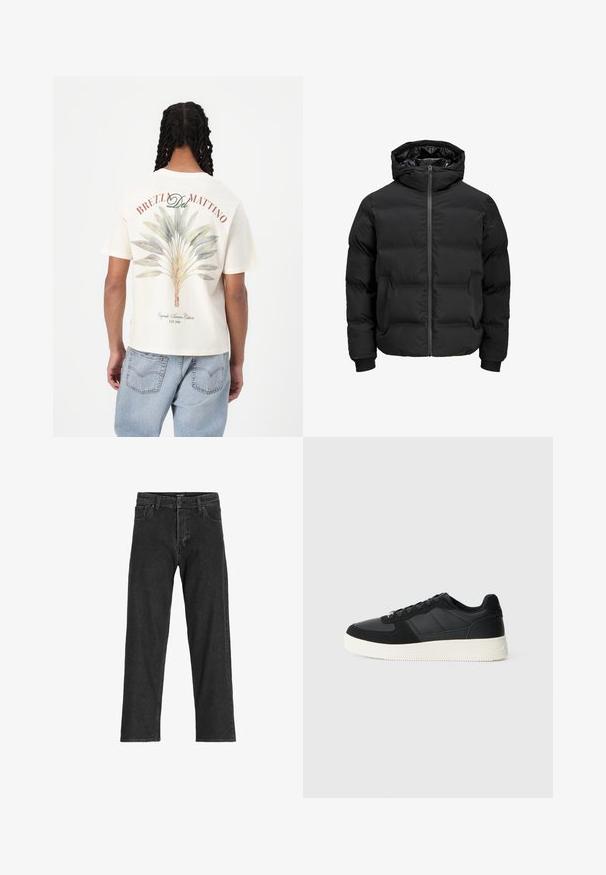 Svart polstret jakke med hette, med glidelås foran, ribbestrikkede mansjetter og en jevn tekstur. Ingen synlige logoer eller mønstre.; Kremfarget t-skjorte med korte ermer, prydet med et grønt og blått blad-design på baksiden, med rød tekst som leser "BREZL Del MATTINO" over det.; Sorte denimjeans med rett ben-design, som har glidelås, beltehemper og seks lommer, laget av et slitesterkt bomullsmateriale.; Svart lavtopp sneakers med teksturert lær og semskede paneler, hvit gummisåle og svarte snørebånd på en enkel lys bakgrunn.