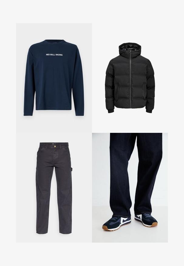 Crna podstava jakna s kapuljačom, koja ima prednje zatvaranje na patentni zatvarač, rebraste manžetne i glatku teksturu. Nema vidljivih logotipa ili uzoraka.; Mornarska majica s dugim rukavima od pamuka, s okruglim izrezom i natpisom "RED BULL RACING" u bijelom preko prsnog dijela.; Tamno sivi cargo hlače od izdržljivog materijala, s ravnim krojem, pet džepova i kopčanjem na dugme u struku.; Morske i bijele sportske cipele s teksturiranim gornjim dijelom, vezicama i gumenenim potplatom, uparen s tamnim trapericama s narančastim šavovima.