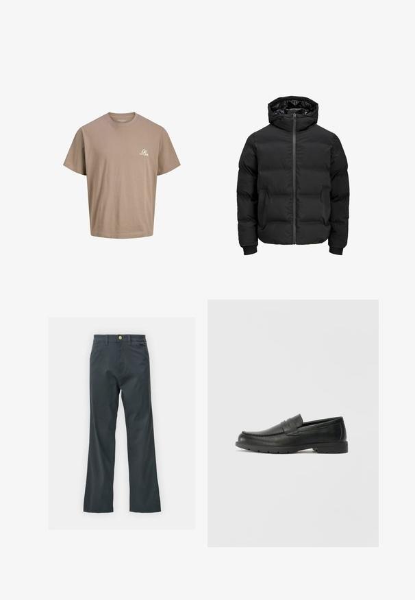 Schwarze gepolsterte Jacke mit Kapuze, ausgestattet mit einem Reißverschluss auf der Vorderseite, gerippten Ärmelbündchen und einer glatten Textur. Keine sichtbaren Logos oder Muster.; Braune Baumwoll-T-Shirt mit kurzen Ärmeln, einem Rundhalsausschnitt und einem kleinen weißen Logo auf der Brust. Angenehme Textur und lässige Passform.; Schwarze Hose mit geradem Bein, aus einem Baumwollmix. Verfügt über einen Metallknopfverschluss und seitliche Taschen. Keine sichtbaren Muster.; Schwarze Lederloafers mit glatter Oberfläche, Mokassin-oberteil, genähten Details und Gummisohle. Klassisches Design mit niedrigem Absatz.