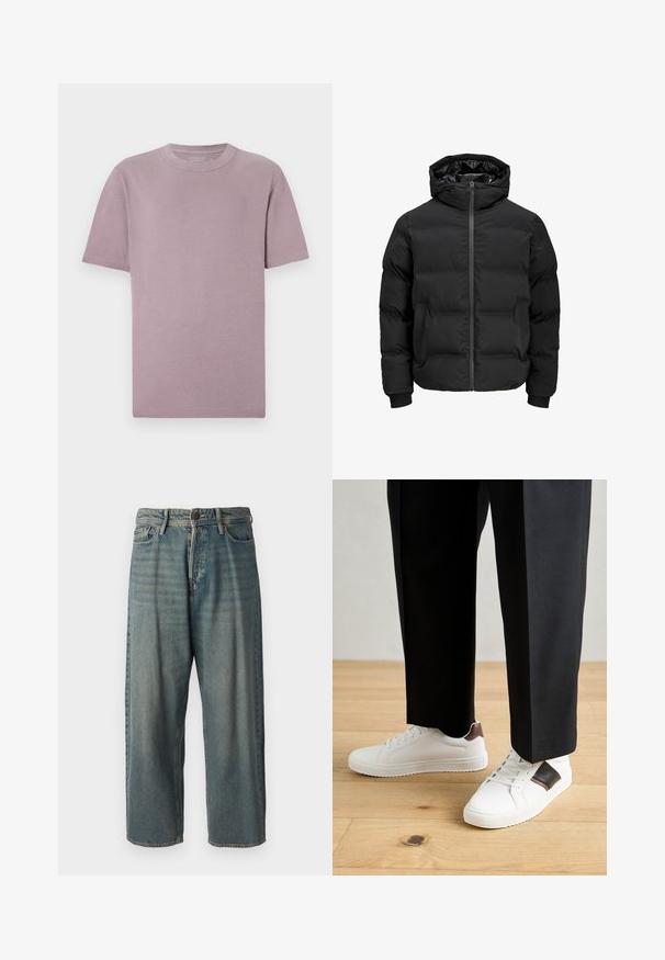 Musta polsterdatud jakk kapuutsiga, millel on ees lukk, soonikkoes varrukad ja sile tekstuur. Nähtavaid logosid või mustreid pole.; Lühikeste varrukatega t-särk heleses lilas, valmistatud pehmest puuvillast. Klassikaline ümar kaelus, puhtad õmblused ja ilma nähtavate logode või mustriteta.; Heledad sinine denim-stiilis teksad, volüümse lõike, keskmise kõrgusega talje ja sirgete säärega. Omab viit taskut, vöökumme ja nööpide sulgemist.; Valged sneakersid siledat tekstuurist, millel on pruunad nahast detailid ja mustad aksessuaarid, millele on sobitatud mustad kohandatud püksid. Puitpõranda taust.