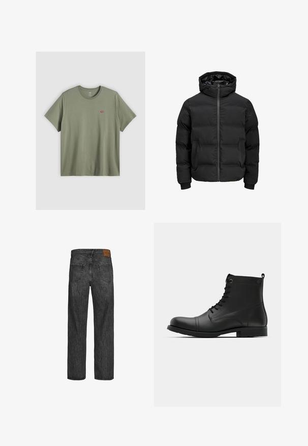 Fekete steppelt dzseki kapucnival, elülső cipzárral, bordázott ujjaival és sima textúrájával. Nincsenek látható logók vagy minták.; Olíva zöld pamut póló kerek nyakkivágással és rövid ujjal, a bal mellkason egy kis piros Levi's logóval hímezve.; Fekete farmernadrág, egyenes szárú dizájnnal, öt zsebes stílussal, és barna bőr folttal a deréknál. Texturált anyag, varrási részletekkel.; Fekete bőr boka csizmák kerek orral, fűzős kialakítással és lapos gumitalppal. Minimális varrás jellemzi őket, valamint egy fülecske a saroknál.
