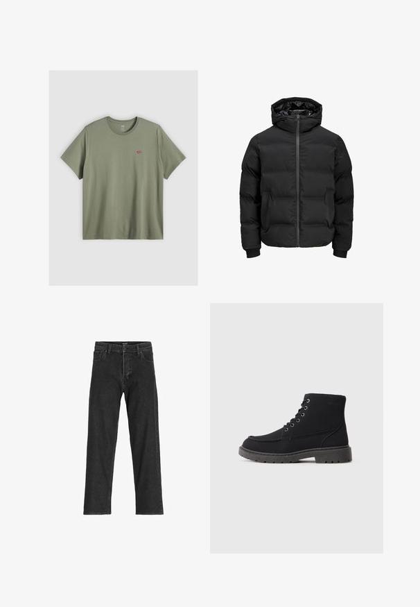 Melna siltināta jaka ar kapuci, ar priekšējo rāvējslēdzēju, ribotu aproču un gludu tekstūru. Nav redzamu logo vai rakstu.; Olive zaļš kokvilnas krekls ar apaļu kakla izgriezumu un īsām piedurknēm, kuram kreisajā krūtī ir iešūts neliels sarkans Levi's logo.; Melna denim bikses ar taisnu kāju dizainu, ar rāvējslēdzēju, jostas cilpām un sešām kabatām, izgatavotas no stirdas kokvilnas maisījuma auduma.; Melni potītes zābaki, izgatavoti no teksturēta materiāla, ar plakanu zoli, apaļu purngali un sešām acīm lace. Pastiprināta šuvju gar mala.