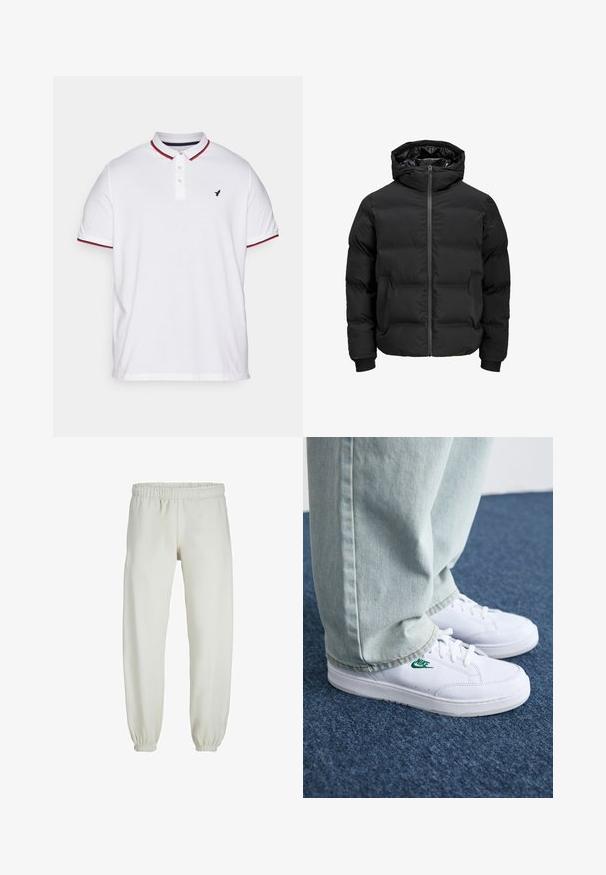 Chaqueta acolchada negra con capucha, que cuenta con un cierre delantero de cremallera, puños acanalados y una textura suave. Sin logotipos ni patrones visibles.; Camiseta polo blanca con cuello, tapeta de tres botones, acentos a rayas rojas y marinas en las mangas, y un pequeño logo negro en el pecho.; Pantalones de chándal blancos hechos de una tela suave, con cinturilla y puños elásticos, que presentan una textura suave y un diseño holgado.; Zapatillas de cuero blanco con logo de Nike verde, puntera redonda, suela plana, combinadas con pantalones de mezclilla azul claro, sobre una alfombra azul.