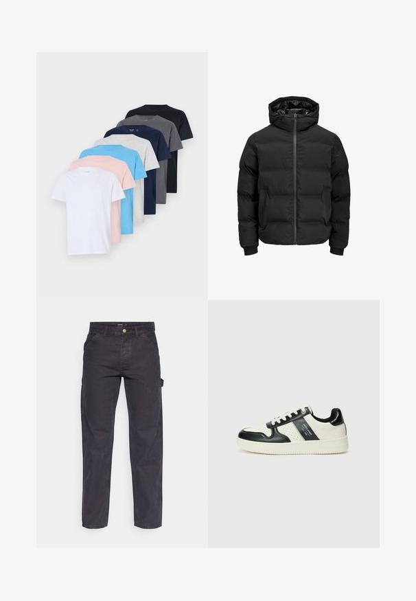 Giacca imbottita nera con cappuccio, dotata di chiusura frontale con zip, polsini a coste e una texture liscia. Senza loghi o fantasie visibili.; Set di otto t-shirt in vari colori: bianco, rosa, azzurro chiaro, grigio, blu navy, grigio scuro e nero. Realizzate in morbido cotone con scollatura a girocollo.; Pantaloni cargo grigio scuro realizzati in tessuto resistente, con un taglio dritto, cinque tasche e chiusura a bottoni in vita.; Sneakers in pelle con una combinazione di colori nero e crema, dotati di dettagli perforati, collare imbottito e suola testurizzata.