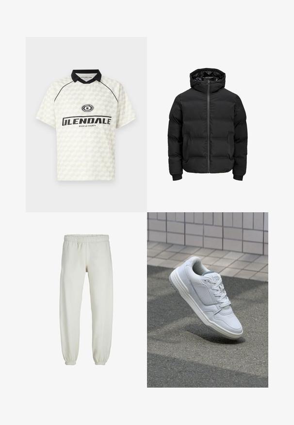 Črna podložena jakna s kapuco, z zadrgo na sprednji strani, rebrastimi manšetami in gladko teksturo. Brez vidnih logotipov ali vzorcev.; Polo majica s kratkimi rokavi v beli barvi s karirastim vzorcem. Črn ovratnik, poudarjen z logotipom in napisom "GLENDALE 91224 LA COUNTY".; Bele trenerke narejene iz mehkega blaga, z elastičnim pasom in manšetami, gladke teksture in ohlapnega kroja.; Bela usnjena superga s perforiranimi stranicami, teksturiranimi detajli, ravnimi vezalkami in kontrastno sivo peto. Ima rahlo dvignjen podplat.