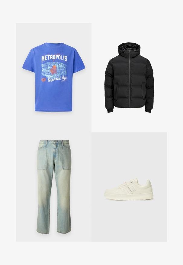 Black padded jacket with a hood, featuring a front zipper closure, ribbed cuffs, and a smooth texture. No visible logos or patterns.; Blue cotton t-shirt with short sleeves. Features a graphic of Metropolis skyline and Superman logo in white and orange. Crew neck design.; Light blue denim jeans with a straight leg cut, visible stitching, and two large front pockets. The fabric has a faded texture.; Cream-colored sneaker with perforated detailing, laces, and logo on the side, displayed against a plain white background.