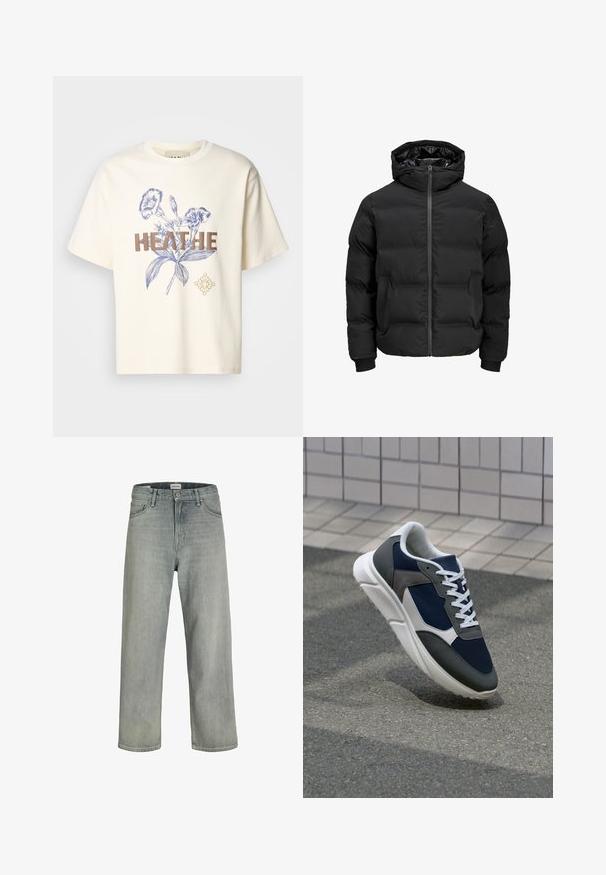 Sort polstret jakke med hætte, der har en frontlynlås, ribbede manchetter og en glat tekstur. Ingen synlige logoer eller mønstre.; Cremefarvet bomulds t-shirt med blå blomster grafik og fed brun tekst "HEATHE." Løs pasform med korte ærmer og rund halsudskæring.; Lysegrå, løstsiddende jeans lavet af denim. Har et klassisk fem-lomme design, bæltestropper og en lige ben silhuet.; Sneakers med en overdel i marineblå mesh, grå suedeteksturer, hvid gummisål og flade hvide snørebånd, designet til komfort og åndbarhed.