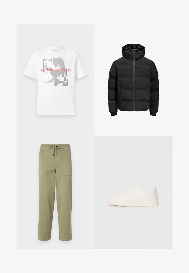 Melna siltināta jaka ar kapuci, ar priekšējo rāvējslēdzēju, ribotu aproču un gludu tekstūru. Nav redzamu logo vai rakstu.; Balta kokvilnas T-kreklu ar grafisku attēlu, kurā attēloti sejas un uzraksts "THE ROLLING STONES" sarkanā krāsā. Arapa kakla un īsām piedurknēm.; Gaišolīci zaļas bikses no kokvilnas maisījuma auduma, ar elastīgu jostu un saiti, kā arī divām lielām sānu kabatām.; Baltas slip-on sporta apavi ar teksturētu virsmu, biezu zoli un minimālistisku dizainu. Sānos redzams zīmola logotips.