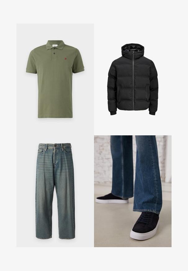 Crna podstava jakna s kapuljačom, koja ima prednje zatvaranje na patentni zatvarač, rebraste manžetne i glatku teksturu. Nema vidljivih logotipa ili uzoraka.; Maslinasto zeleni polo majica napravljena od pamuka, sa dvou dugmadima na prednjem dijelu, kratkim rukavima i malim crvenim logotipom sa lijeve strane prsnog dijela.; Svijetloplave traperice s širokim krojem, srednjim pojasom i ravnim nogavicama. Ima pet džepova, petlje za remen i kopčanje na gumb.; Tamno plave ante bluze tenisice s bijelim gumam potplatom i vezicama, u kombinaciji s trapericama širokih nogavica u srednje plavoj boji.