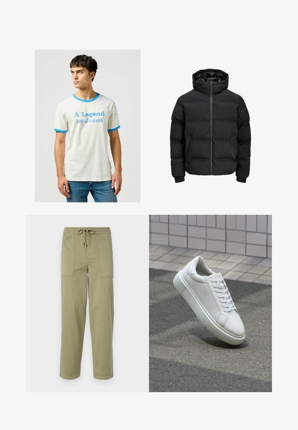 Schwarze gepolsterte Jacke mit Kapuze, ausgestattet mit einem Reißverschluss auf der Vorderseite, gerippten Ärmelbündchen und einer glatten Textur. Keine sichtbaren Logos oder Muster.; Weißes Baumwoll-T-Shirt mit blauen Rippakzenten am Kragen und an den Ärmeln. Verziert mit dem Text "Eine Legende in Jeans" in blauen Buchstaben.; Helle olivgrüne Hose aus Baumwollmischgewebe, mit einem elastischen Bund und Kordelzug sowie zwei großen Seitentaschen.; Weiße Leder-Sneaker mit glatter Oberfläche, runder Zehenpartie und flachen weißen Schnürsenkeln. Verfügt über eine strukturierte Gummisohle und minimalistische Designelemente.