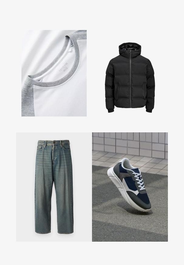 Černá polstrovaná bunda s kapucí, má přední zip, manžety s žebrováním a hladký povrch. Bez viditelných log a vzorů.; Tričko s krátkým rukávem s bílým tělem a šedými raglánovými rukávy. Kulatý výstřih s jemnou, hladkou texturou. Viditelná značka.; Světle modré denimové džíny s volným střihem, středně vysokým pasem a rovnými nohavicemi. Obsahují pět kapes, poutka na opasek a zapínání na knoflík.; Tenisky s horní částí z námornicky modré síťoviny, šedými semišovými akcenty, bílou gumovou podrážkou a plochými bílými tkaničkami, navržené pro pohodlí a prodyšnost.