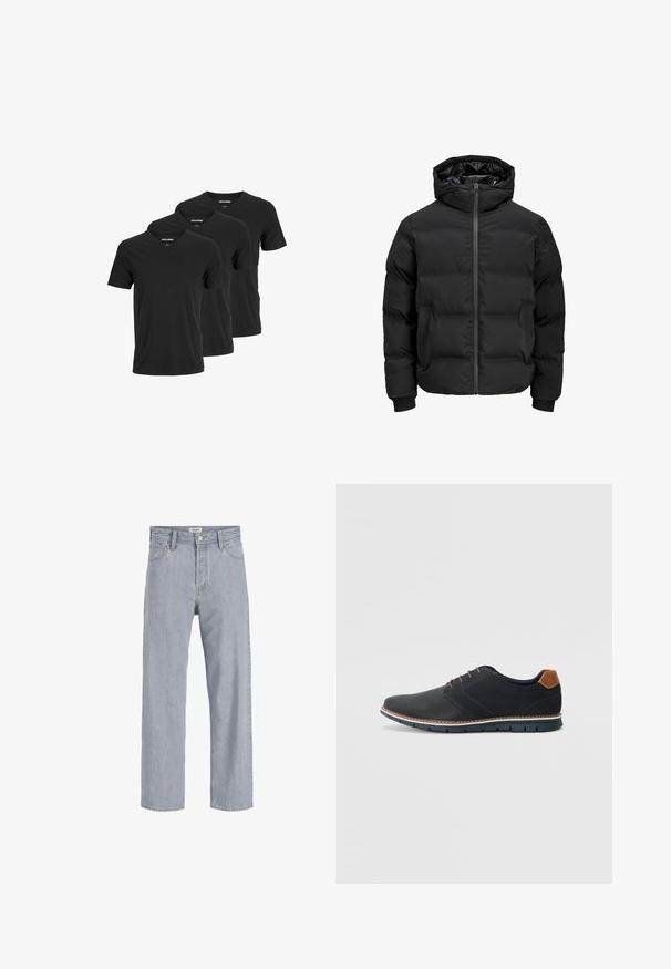 Mustat pehmeät takki, jossa on huppu, etuvetoketjukiinnitys, ribbireunat ja sileä pinta. Ei näkyviä logoja tai kuvioita.; Musta puuvillainen V-päällyksellinen t-paita, jossa on lyhyet hihat ja normaali istuvuus, esiteltynä kolmen pakkauksessa. Sujuva rakenne, ei kuvioita tai korostuksia.; Vaaleansiniset farkut rento istuvuus, suorat lahkeet, näkyvät saumat, kaksi etutaskua ja napitus.; Mustat synteettiset kengät, joissa on teksturoitu päällinen, sileät yksityiskohdat, ruskea kanta ja erottuva pohja. Ominaisuuksina minimaalinen nauhoitus ja ompeluyksityiskohdat.