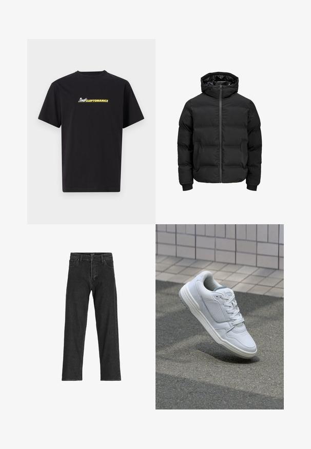 Melna siltināta jaka ar kapuci, ar priekšējo rāvējslēdzēju, ribotu aproču un gludu tekstūru. Nav redzamu logo vai rakstu.; Melnās kokvilnas T-krekls ar apaļu kakla izgriezumu, īsām piedurknēm un centrālo dzeltenu logo ar uzrakstu "CLEPTOMANICX" un smalkiem grafiskajiem akcentiem.; Melna denim bikses ar taisnu kāju dizainu, ar rāvējslēdzēju, jostas cilpām un sešām kabatām, izgatavotas no stirdas kokvilnas maisījuma auduma.; Baltas ādas sporta apavi ar perforētiem sāniem, teksturētām akcentiem, plakanu šņorēšanu un kontrastējošu pelēku papēdi. Iezīmē nedaudz paaugstinātu zole.