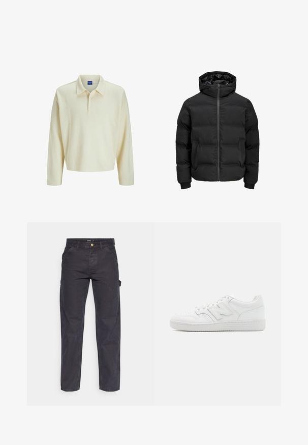 Mustat pehmeät takki, jossa on huppu, etuvetoketjukiinnitys, ribbireunat ja sileä pinta. Ei näkyviä logoja tai kuvioita.; Pitkähihainen polo vaaleassa beigeissä ribbikudoksessa, jossa on kaulus ja kolme nappia. Yksinkertainen, rento malli suoraan helmalla.; Tummanharmaat cargo-housut, jotka on valmistettu kestävästä kankaasta. Niissä on suora lahkeellinen leikkaus, viisi taskua ja nappikiinnitys vyötäröllä.; Valkoiset tennarit, jotka on valmistettu sileästä nahasta. Niissä on perforoitu varpaat, teksturoitu kumipohja, litteät nauhat ja korostettu 'N' -logo sivussa.