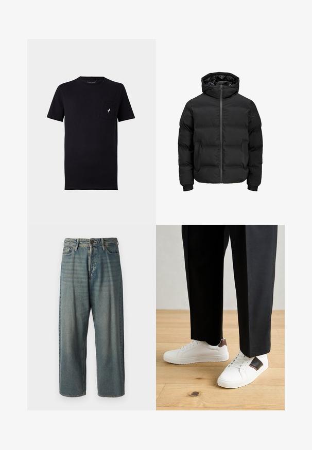 Fekete steppelt dzseki kapucnival, elülső cipzárral, bordázott ujjaival és sima textúrájával. Nincsenek látható logók vagy minták.; Fekete pamut póló rövid ujjal, kerek nyakkivágással és elülső zsebbel, amelyen egy kis fehér madárlogo található. Puha tapintás és letisztult dizájn.; Világoskék farmernadrág, laza fazonnal, közepes derékbőséggel és egyenes szárral. Öt zsebet, övbucskát és gombos záródást tartalmaz.; Fehér sneaker, sima textúrával, barna bőr díszítéssel és fekete részletekkel, fekete szabott nadrággal párosítva. Fából készült padló háttér.