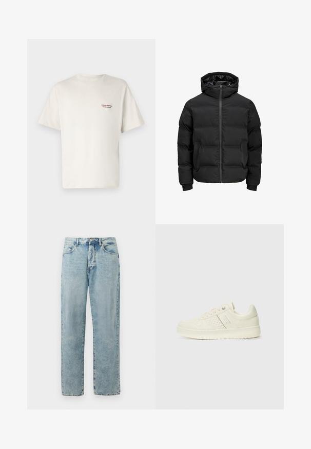 Svart polstret jakke med hette, med glidelås foran, ribbestrikkede mansjetter og en jevn tekstur. Ingen synlige logoer eller mønstre.; Kremfarget bomull t-skjorte med korte ermer, med en liten rød trykt logo på venstre brystområde. Enkel, klassisk design.; Lyseblå jeans med enkelt ben og knapp- og glidelås-lukking, frontlommer og subtile falmede detaljer.; Kremfargede sneakers med perforerte detaljer, snøring og logo på siden, vist mot en enkel hvit bakgrunn.